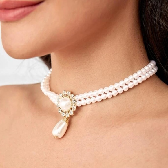 Faux Pearl Charm Layered Necklace Golden - Picture 1 of 5